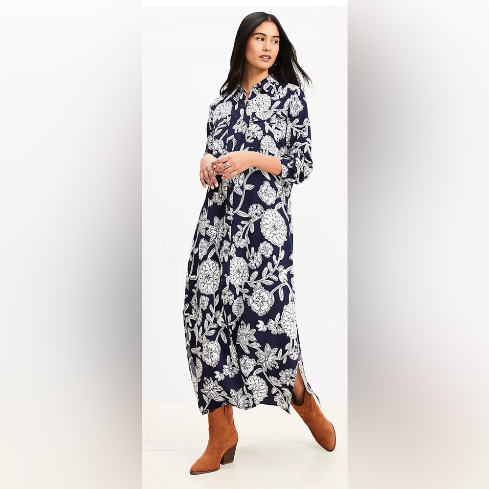LOFT Floral Midi Pocket Shirtdress NWT